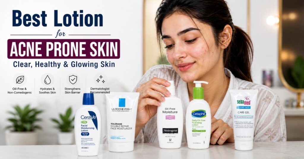 Good lotion for acne prone skin with lightweight moisturizer and healthy glowing skin in a professional skincare setup