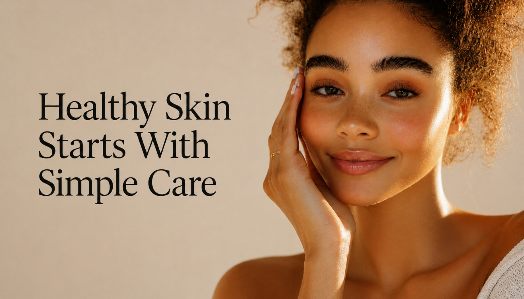 A woman with glowing, healthy skin holding a luxury skincare moisturizer jar, representing simple beauty care.