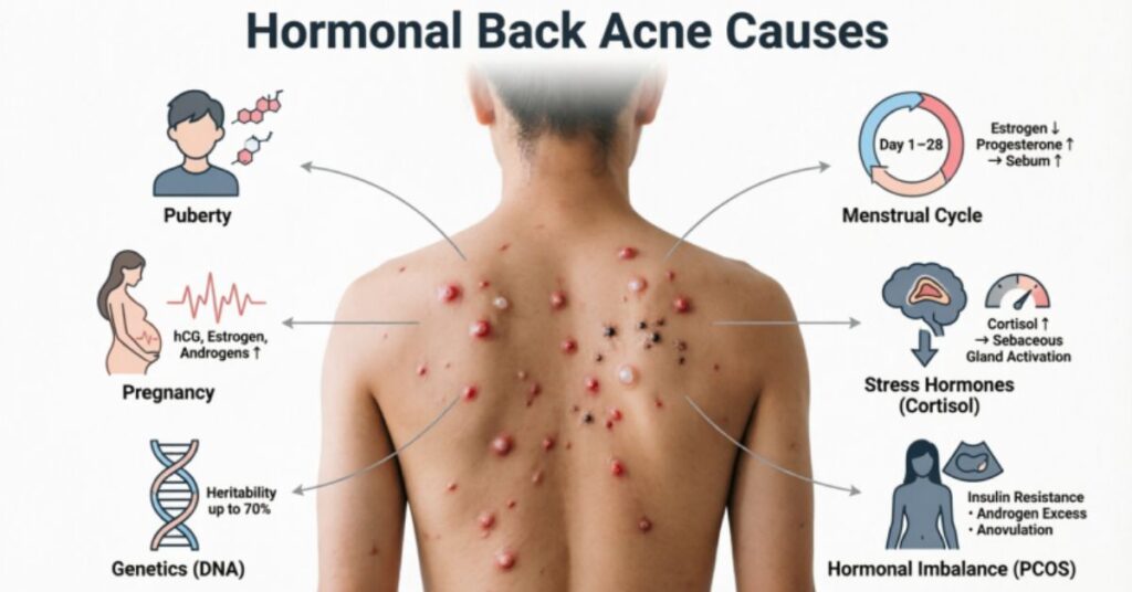 Back Acne Causes: Complete Guide to Clear Skin hormonal back acne causes illustration showing puberty stress hormones genetics and clogged pores on skin