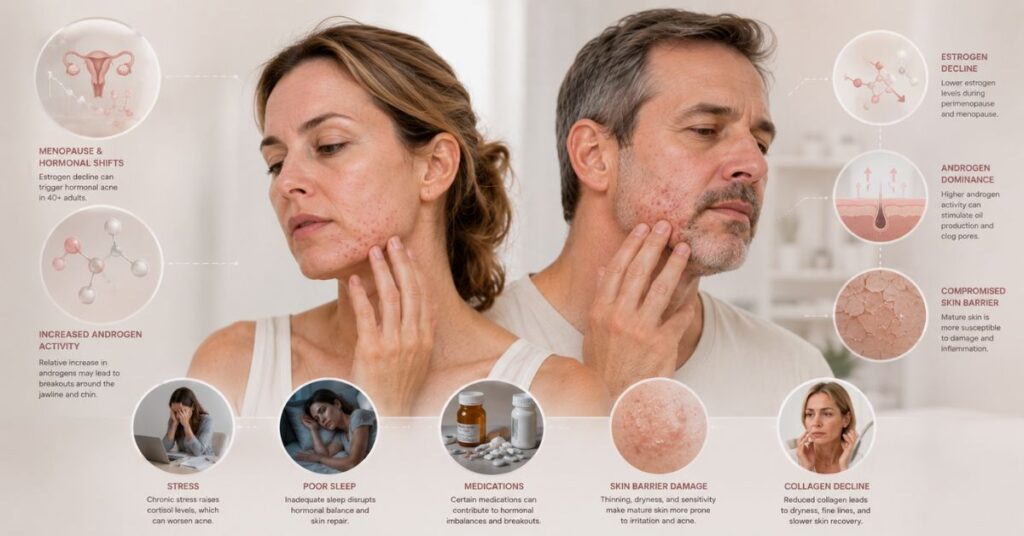 “Dermatology-style visual showing hormonal acne in adults over 40 with factors like menopause, hormonal imbalance, stress, medications, poor sleep, and skin barrier damage.”