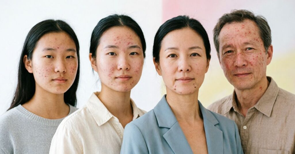 “Diverse people of different ages showing skin concerns related to hormonal acne in a clean, professional skincare concept banner.”
