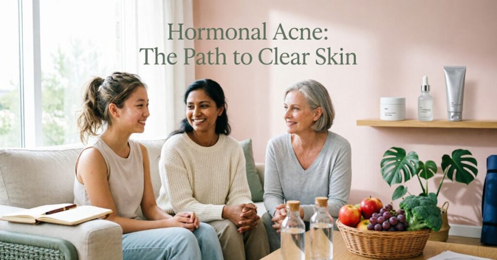 “Diverse people of different ages with healthy clear skin showing positive outcome of managing hormonal acne through skincare, healthy habits, and medical treatment in a calm skincare concept image.”