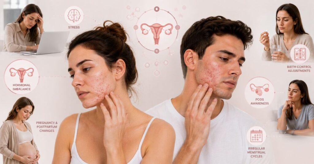 “Dermatology-style visual showing hormonal acne in adults in their 30s with factors like pregnancy, birth control changes, PCOS, stress hormones, and irregular periods.”