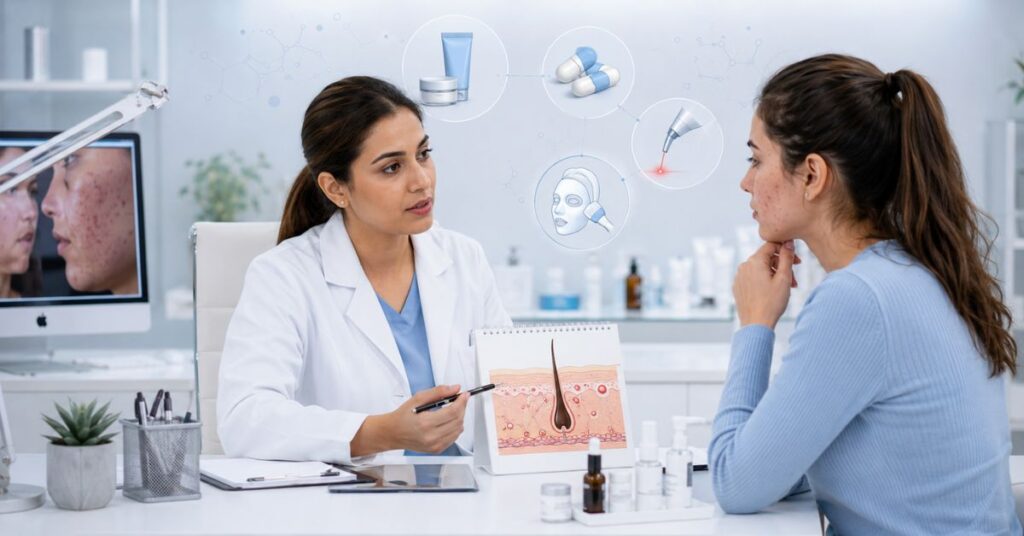 “Dermatologist consulting patient for hormonal acne treatment with visual elements representing antibiotics, retinoids, birth control pills, spironolactone, chemical peels, and laser therapy in a clean medical setting.”