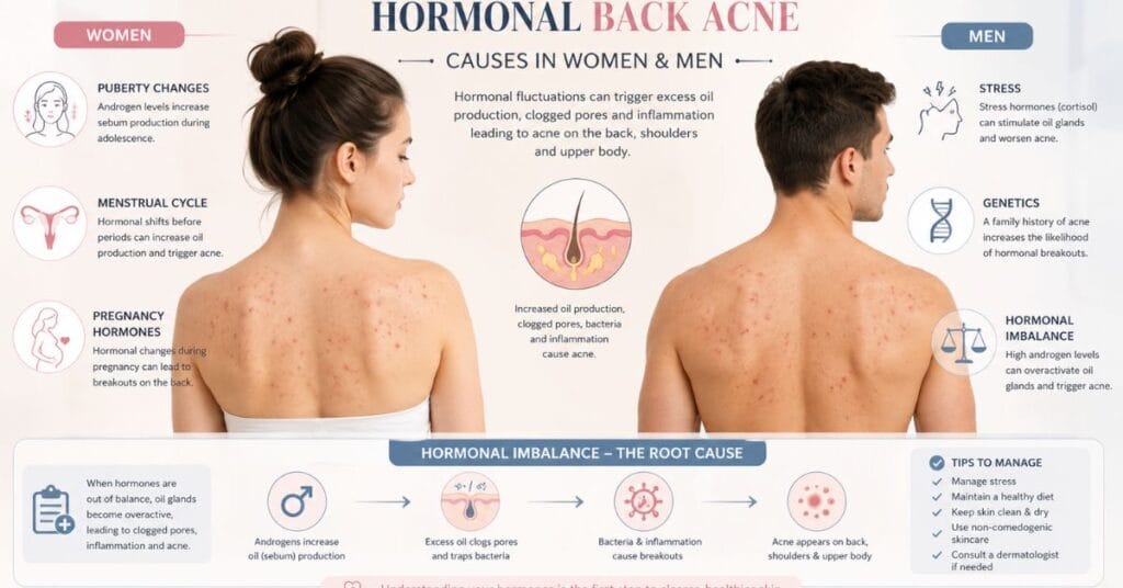 “Hormonal back acne causes including puberty, pregnancy, stress hormones, and genetic factors”