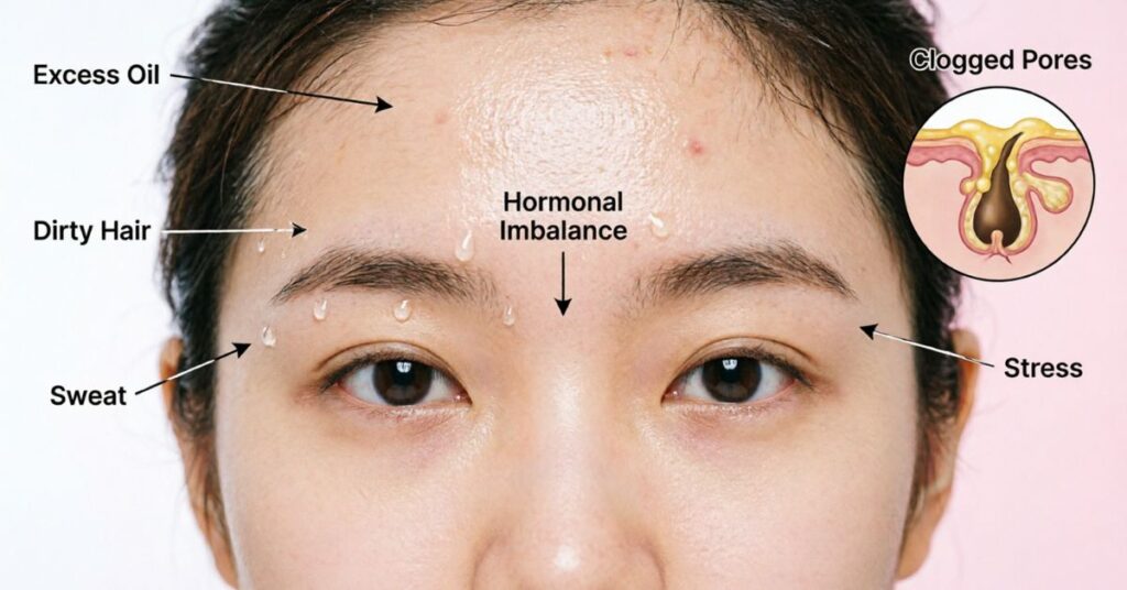 How to Get Rid of Forehead Acne: 7 Powerful Tips Young woman experiencing hormonal forehead acne caused by oil production and hormone imbalance