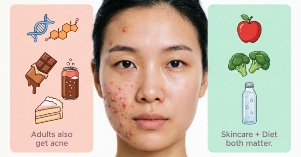 Hormones and diet together affect acne, with sugar playing a major role, showing that adults also get acne and both skincare and diet are important for healthy skin.