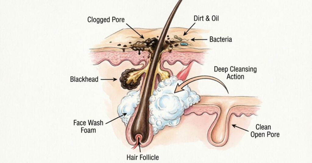 how acne face wash helps skin by removing oil, bacteria, and clearing blocked pores for acne control