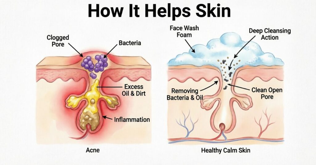 how acne face wash helps skin by removing oil, bacteria, and clearing blocked pores for acne control