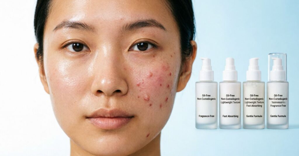 Skincare infographic showing how to choose a good lotion for acne prone skin with comparison of clear and acne-affected skin, highlighting oil-free, non-comedogenic, lightweight and fast absorbing lotion features in a clean dermatology style background