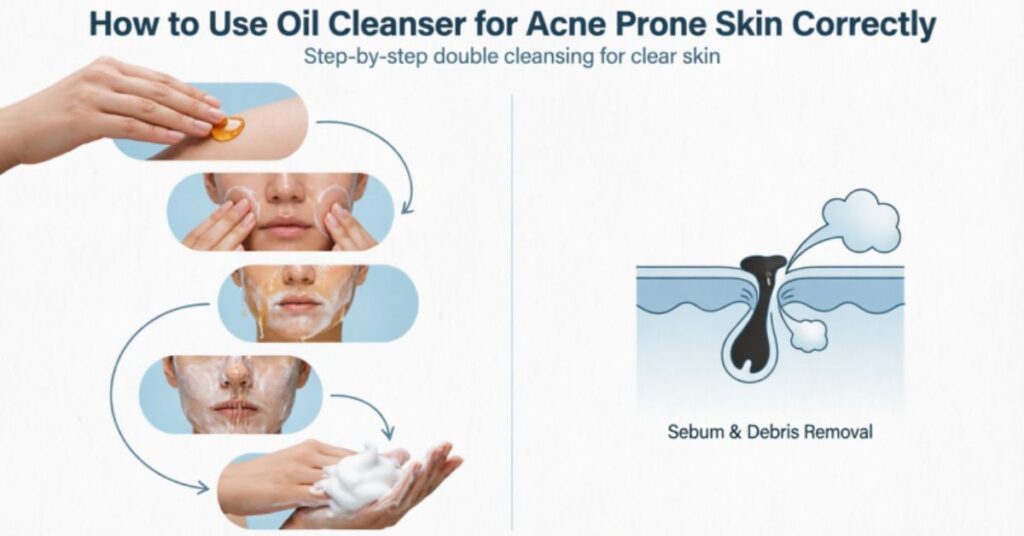 Oil Cleanser for Acne Prone Skin – Complete Guide Step-by-step dermatology illustration showing how to use an oil cleanser for acne-prone skin, including dry application, massage, emulsification with water, rinsing, and double cleansing with a gentle cleanser for clear pores.