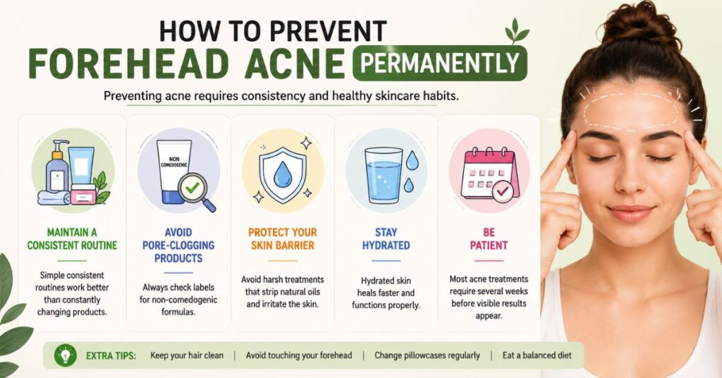 Woman with clear glowing skin showing forehead acne prevention skincare tips infographic with healthy skincare routine and hydration advice.