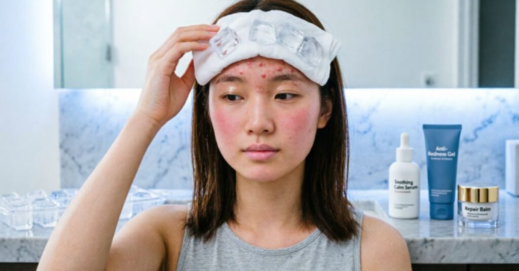 Young woman using ice therapy with a clean cloth-wrapped ice pack on her forehead to reduce acne swelling, redness, and inflammation.