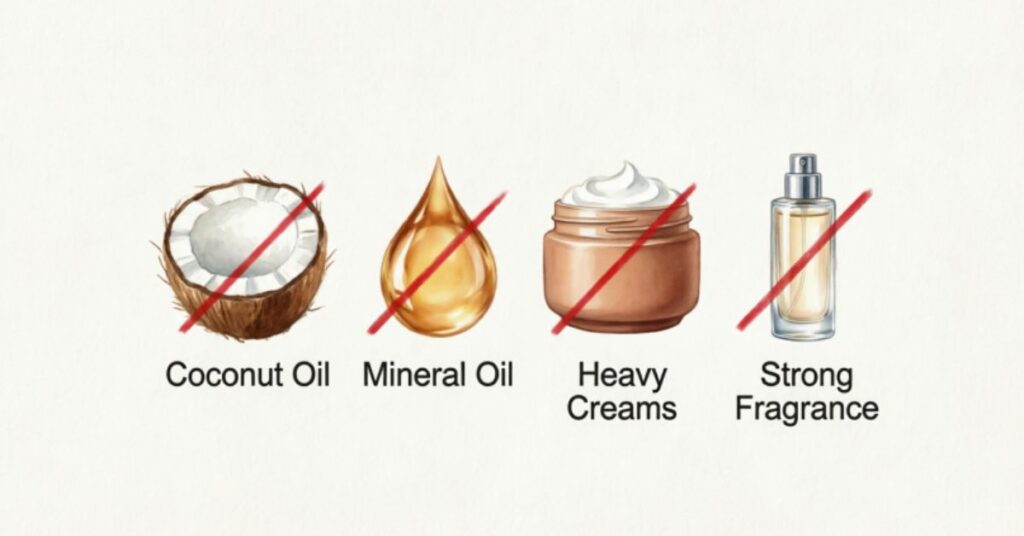 Best Moisturizer for Oily Acne Prone Skin List of skincare ingredients to avoid for acne-prone skin including coconut oil, mineral oil, heavy creams, and strong fragrance.