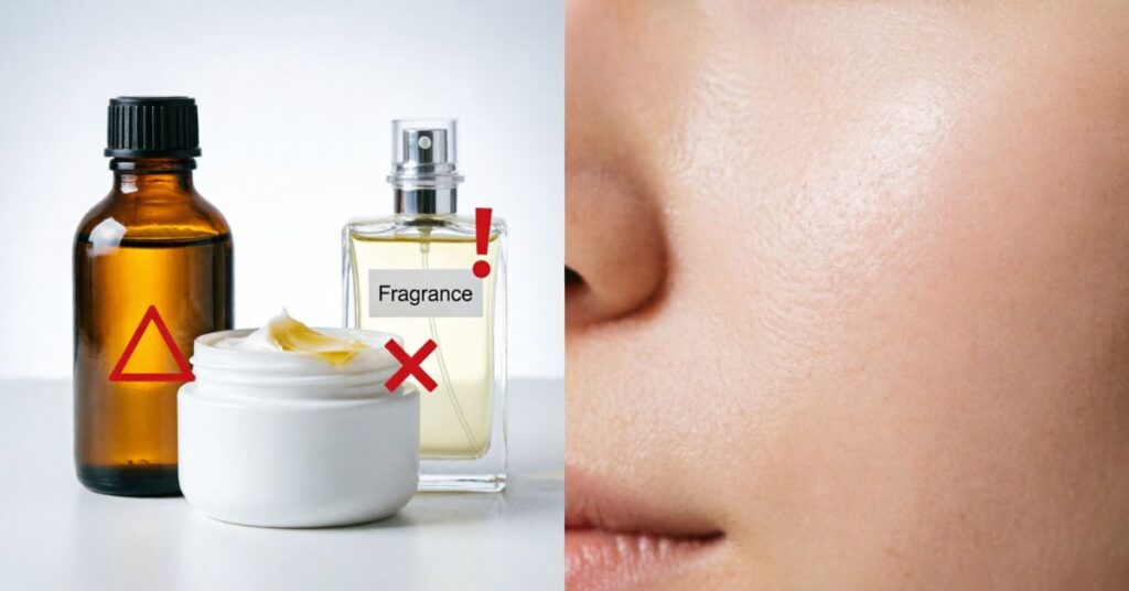 Skincare infographic showing ingredients to avoid for acne prone skin including heavy oils, thick creams, strong fragrance, and alcohol-based products in a clean dermatology style layout