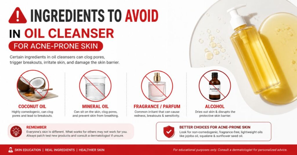 Oil Cleanser for Acne Prone Skin – Complete Guide ingredients to avoid in oil cleanser for acne prone skin like coconut oil mineral oil fragrance and alcohol