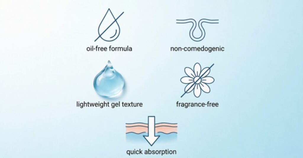 Best Moisturizer for Oily Acne Prone Skin key features of best moisturizer for oily acne prone skin oil-free non comedogenic lightweight fragrance free quick absorption infographic