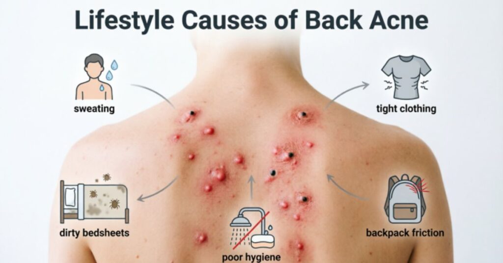 Back Acne Causes: Complete Guide to Clear Skin lifestyle back acne causes showing sweat tight clothes hygiene and friction