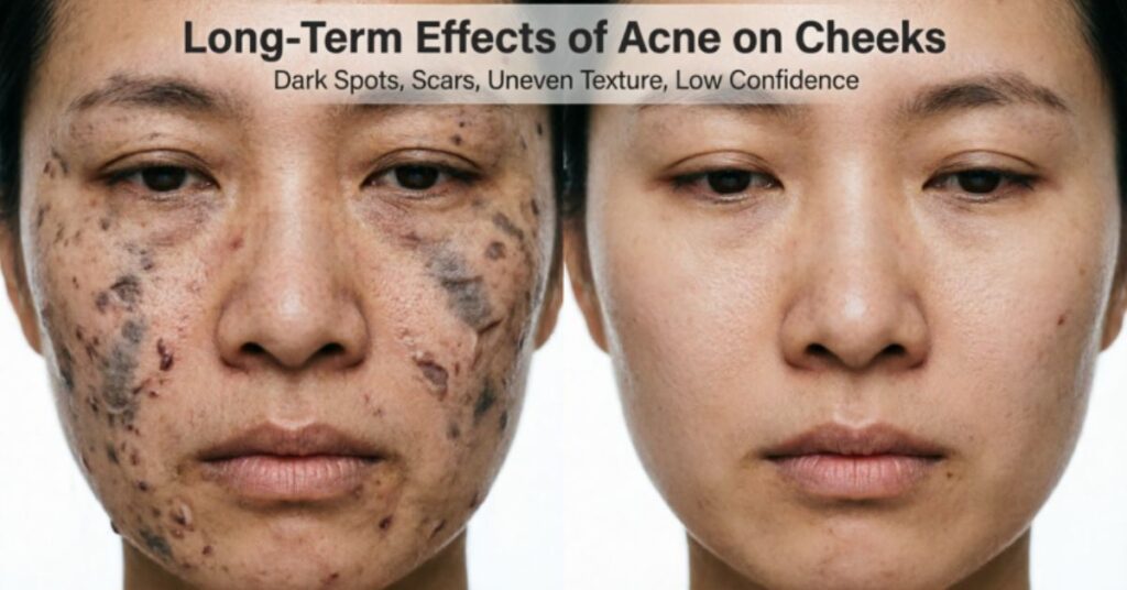 acne on cheeks meaning long term effects dark spots scars uneven skin texture low confidence skin damage