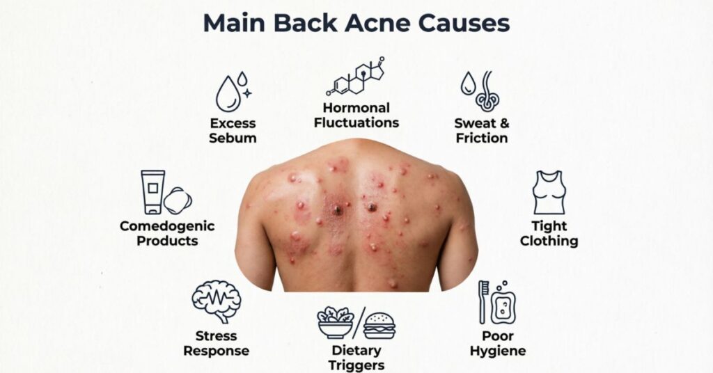 Back Acne Causes: Complete Guide to Clear Skin back acne causes infographic showing oil hormones sweat diet stress and clogged pores on human back