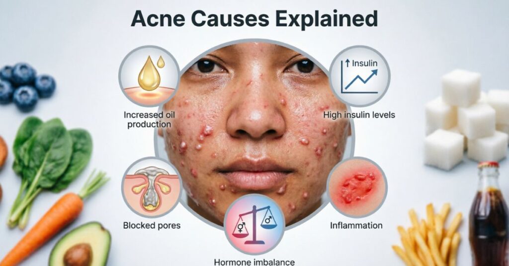 Infographic showing main reasons food causes acne including increased oil production, high insulin levels, inflammation, blocked pores, and hormone imbalance with a face showing acne and skincare-related icons.