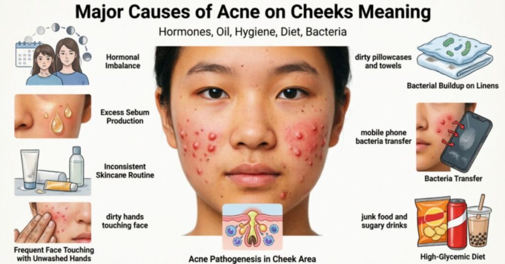  acne on cheeks meaning major causes hormonal imbalance oil production poor skincare touching face dirty pillowcases mobile bacteria unhealthy diet