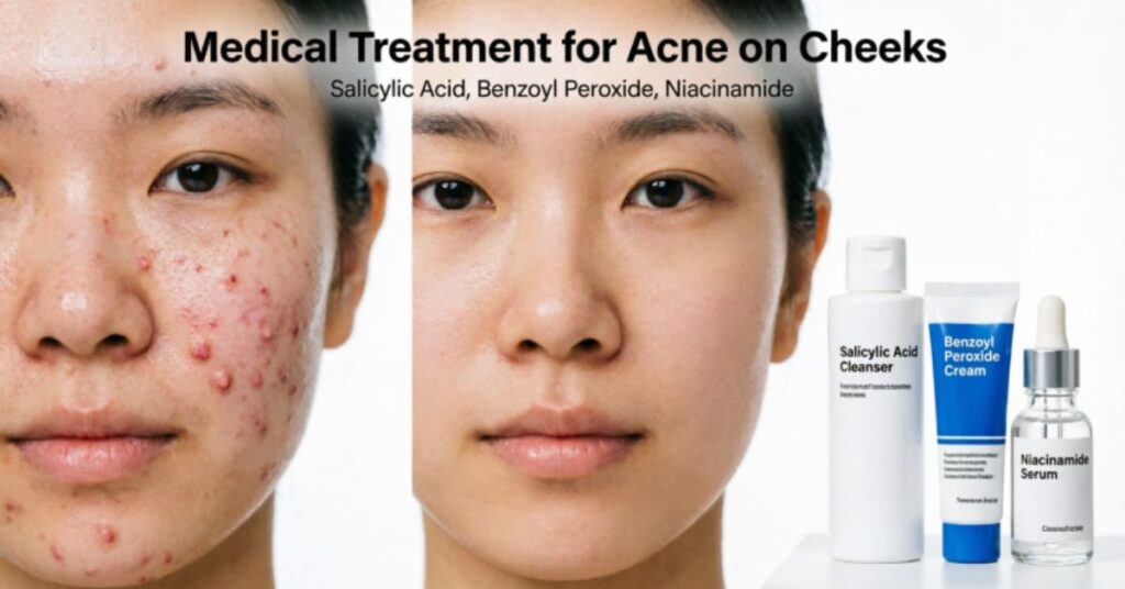  acne on cheeks meaning medical treatment over the counter products salicylic acid benzoyl peroxide niacinamide skincare