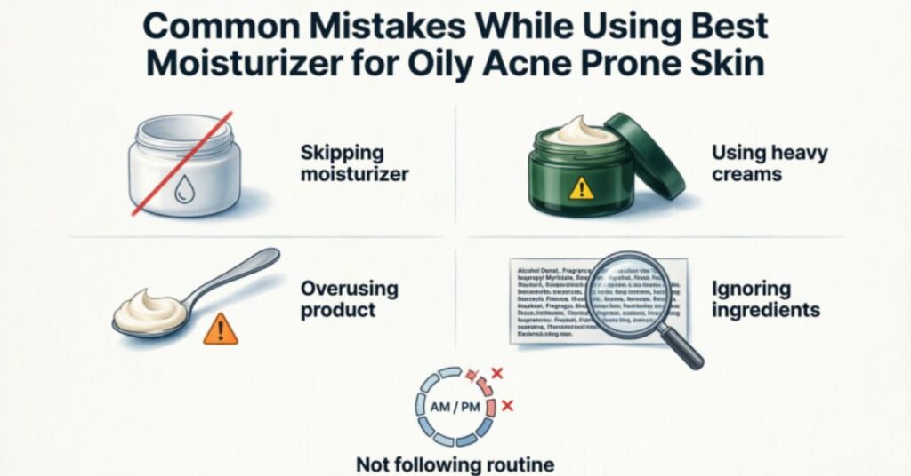 Best Moisturizer for Oily Acne Prone Skin common mistakes using moisturizer for oily acne prone skin skipping moisturizer heavy creams overuse ignoring ingredients skincare routine infographic