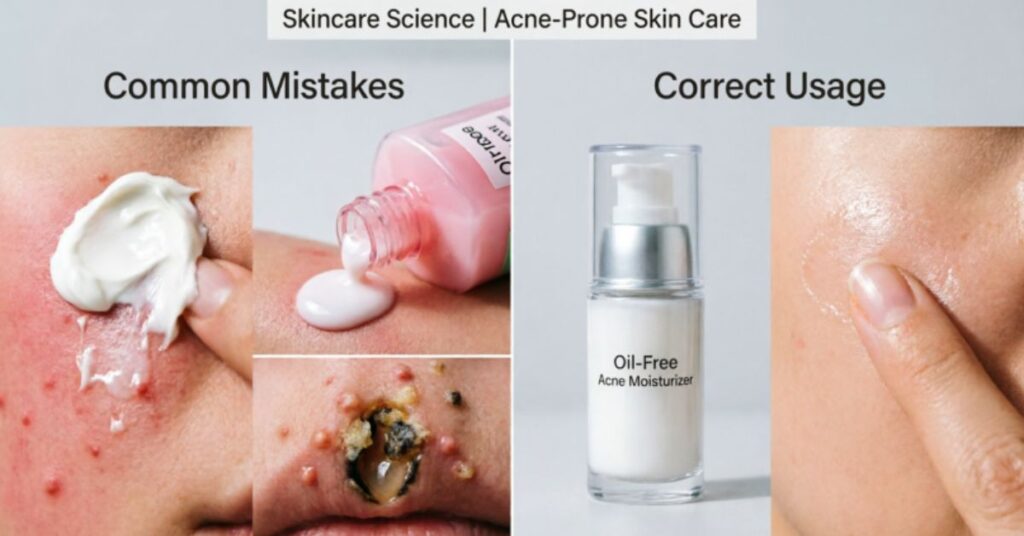 Common mistakes with lotion for acne prone skin including using heavy creams, skipping moisturizer, over-applying product, choosing scented lotions, and not checking ingredients