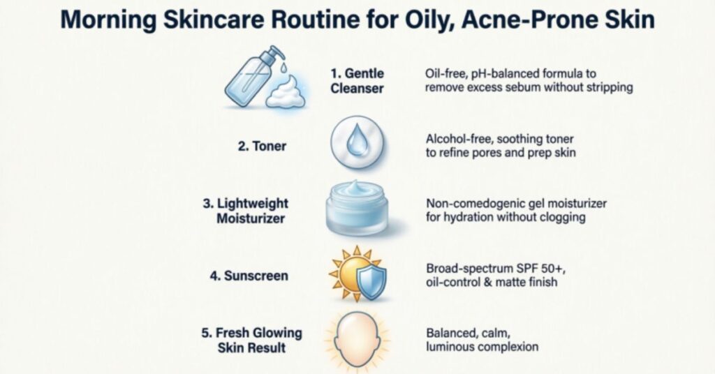 Best Moisturizer for Oily Acne Prone Skin morning skincare routine for oily acne prone skin cleanser moisturizer sunscreen steps infographic