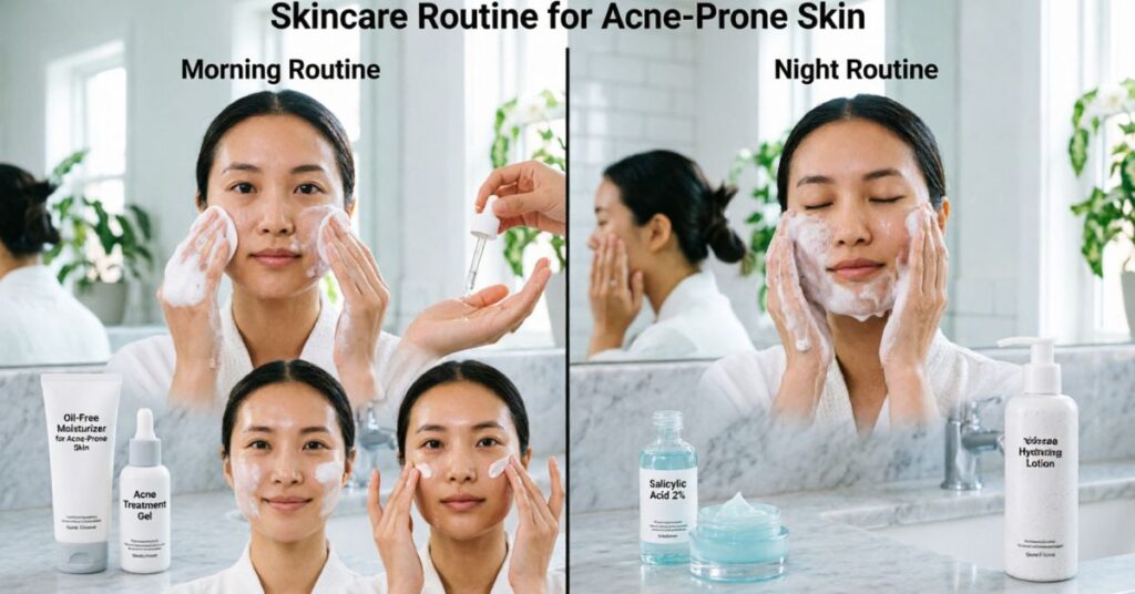 Split-screen skincare routine showing morning and night routine for acne-prone skin with face wash, toner, serum, oil-free moisturizer, sunscreen in morning and acne treatment with night care steps in clean minimal bathroom setting
