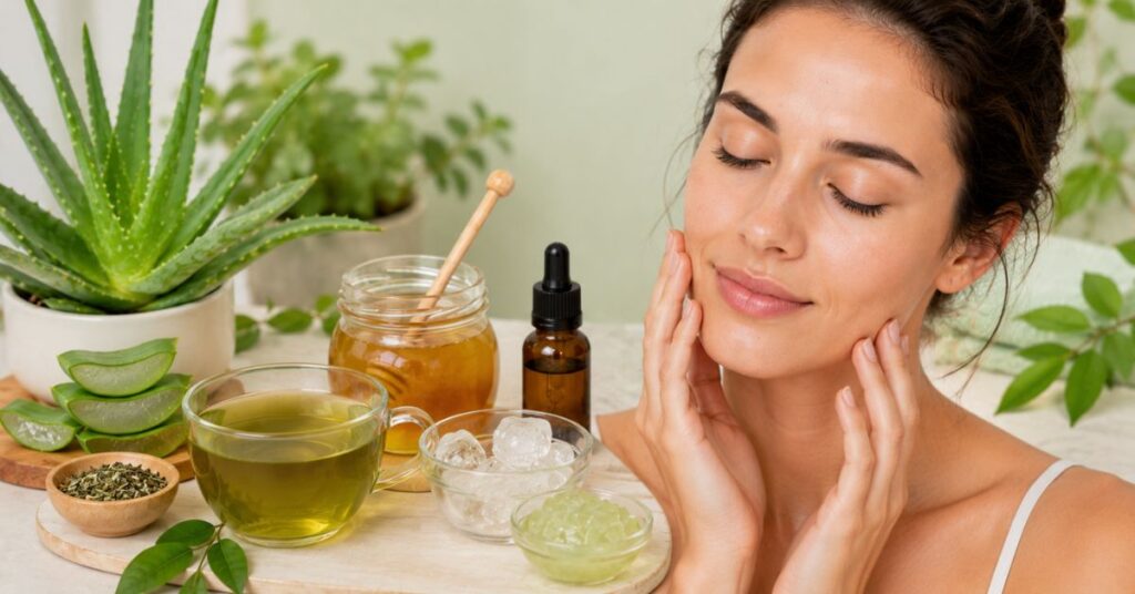 “Natural ingredients like aloe vera, green tea, honey, tea tree oil, and ice therapy shown for calming hormonal acne in a clean skincare wellness concept image.”