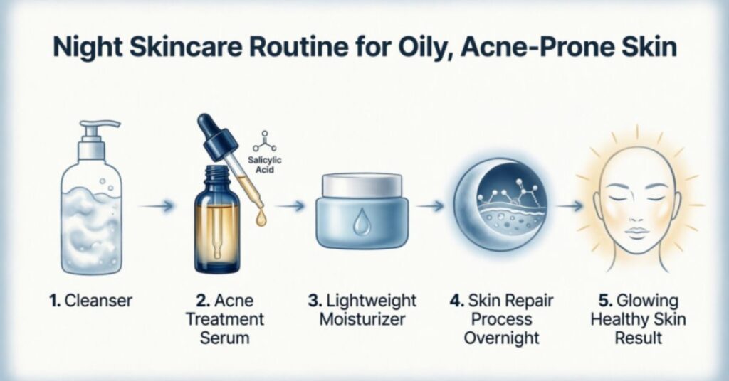 Best Moisturizer for Oily Acne Prone Skin night skincare routine for oily acne prone skin cleanser treatment moisturizer skin repair infographic