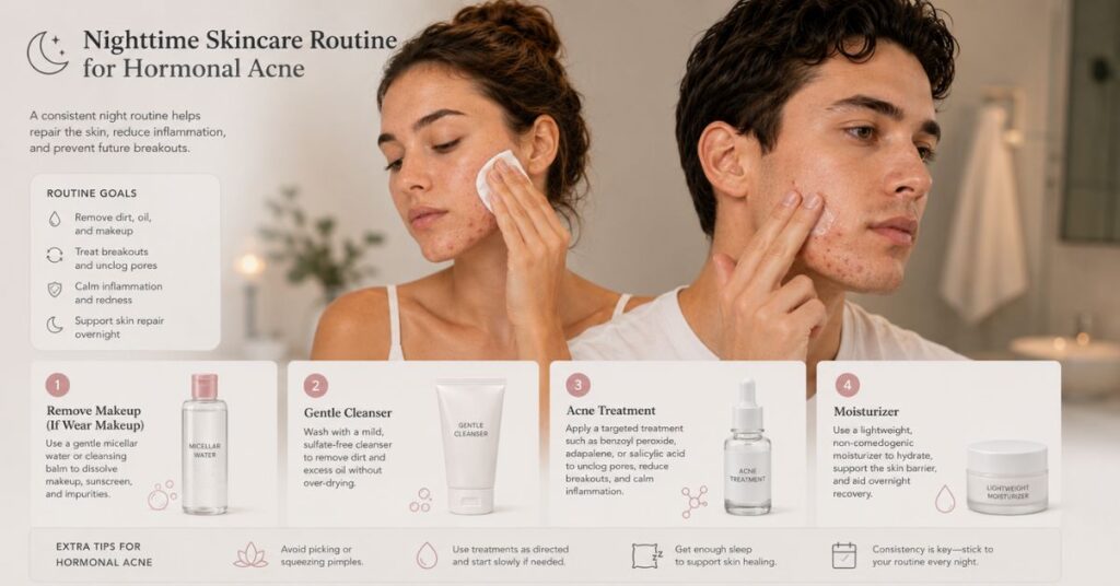 “Dermatology-style visual showing a nighttime skincare routine for hormonal acne including makeup removal, gentle cleansing, acne treatment application, and moisturizing.”