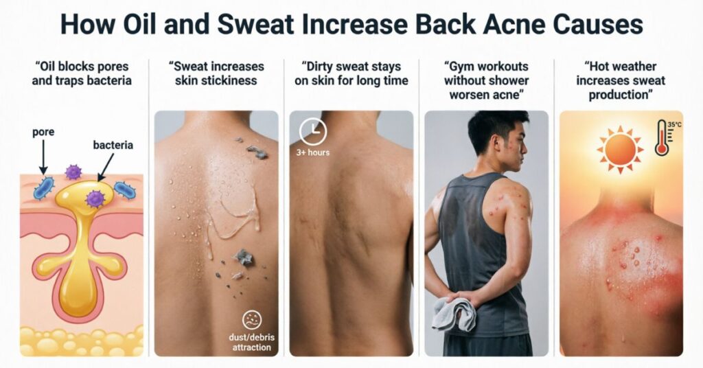 oil and sweat causing back acne by clogging pores and trapping bacteria