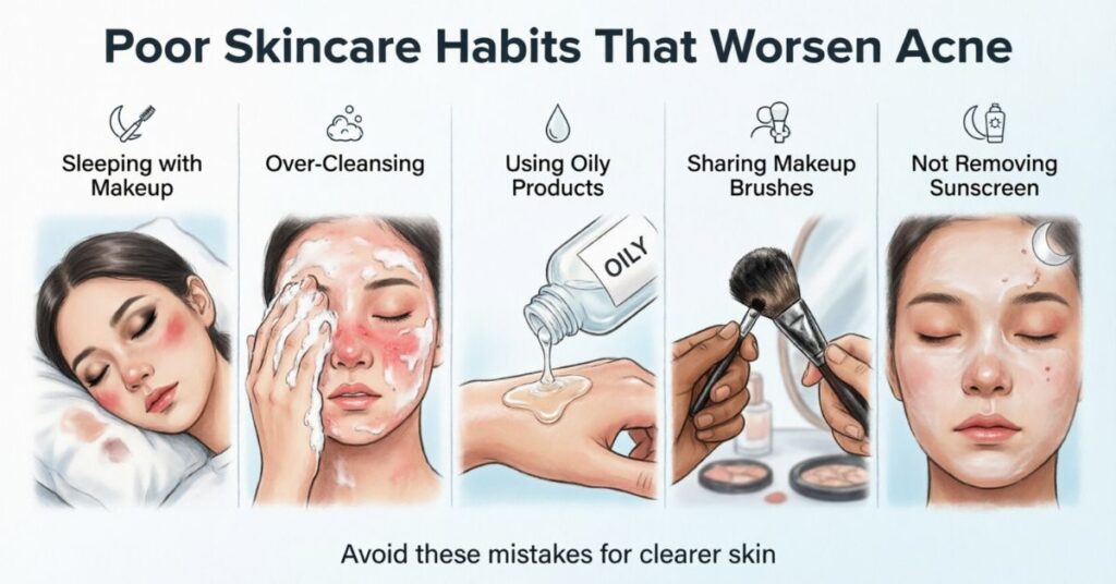 How to Get Rid of Forehead Acne: 7 Powerful Tips Poor skincare habits causing forehead acne and clogged pores from harsh products and improper cleansing routines