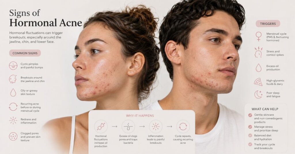 “Dermatology-style visual showing signs of hormonal acne including jawline breakouts, cystic pimples, oily skin, recurring acne spots, and stress-related flare-ups.”