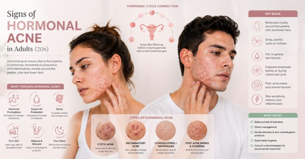 “Dermatology-style visual showing signs of hormonal acne in people in their 20s including jawline acne, painful cysts, monthly breakouts, oily skin, and acne scars.”