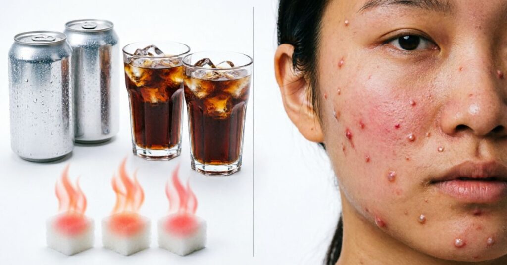 Soft drinks (soda) with high sugar content causing inflammation and damaging skin health in a skincare and diet concept illustration.