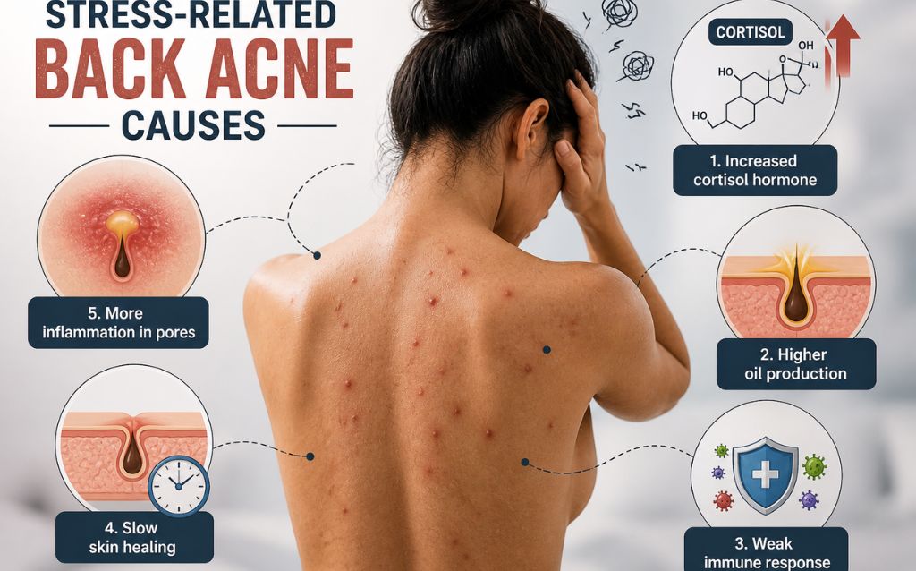 stress causing back acne with inflammation and increased oil production