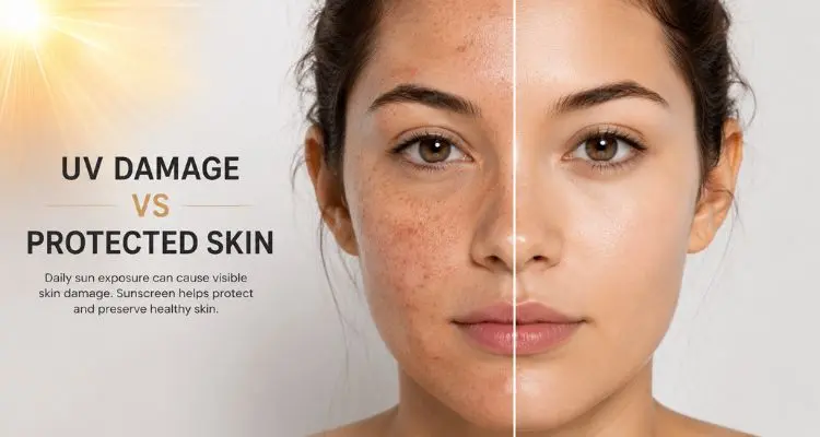 Healthy skin protected from UV damage with daily sunscreen use