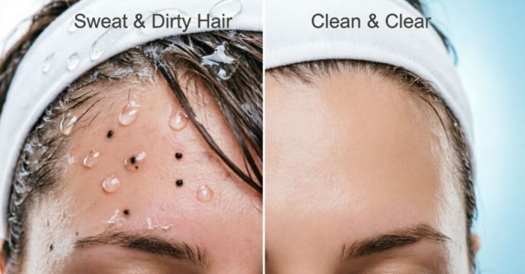 How to Get Rid of Forehead Acne: 7 Powerful Tips Sweat and dirty hair causing forehead acne and clogged pores on oily skin