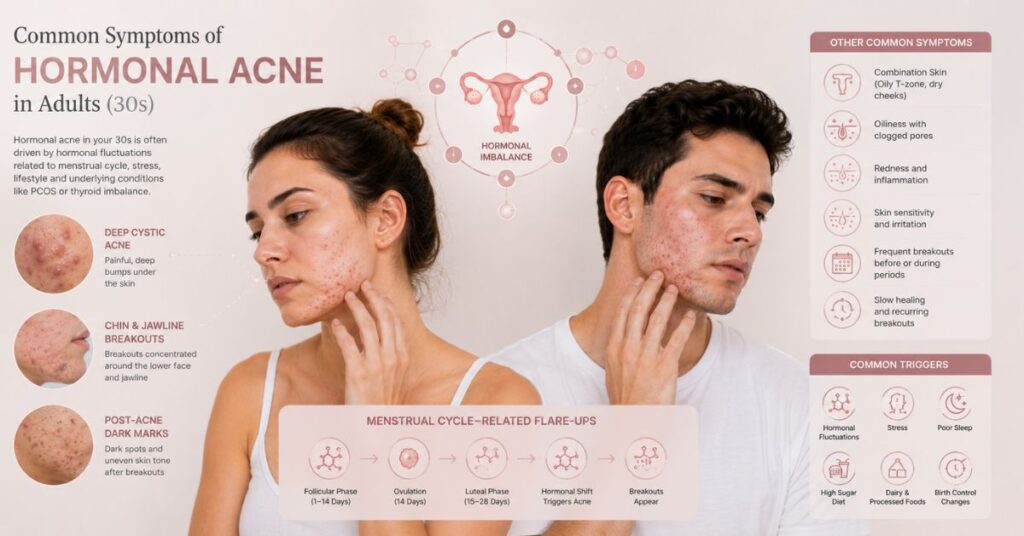 “Dermatology-style visual showing symptoms of hormonal acne in the 30s including deep cystic acne, chin and jawline breakouts, oily yet dry skin, period-related flare-ups, and dark acne marks.”