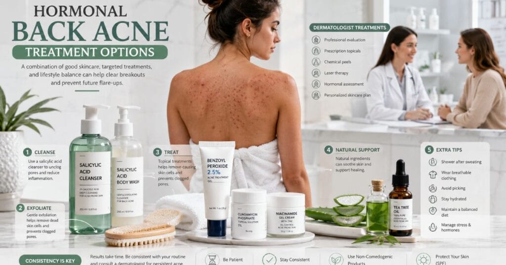 “Treatment options for hormonal back acne including salicylic acid, benzoyl peroxide, exfoliation, and topical creams”