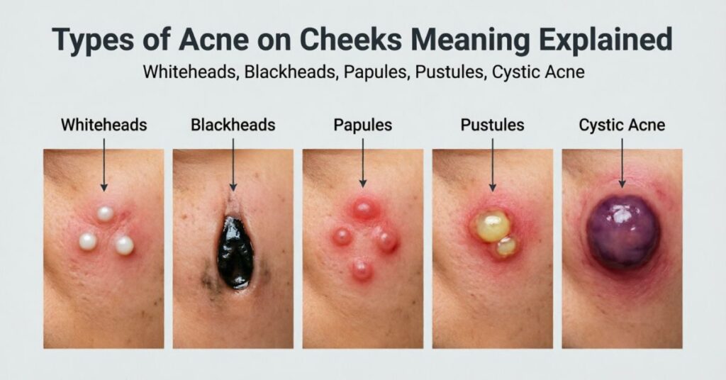 acne on cheeks meaning types of acne whiteheads blackheads papules pustules cystic acne explained diagram