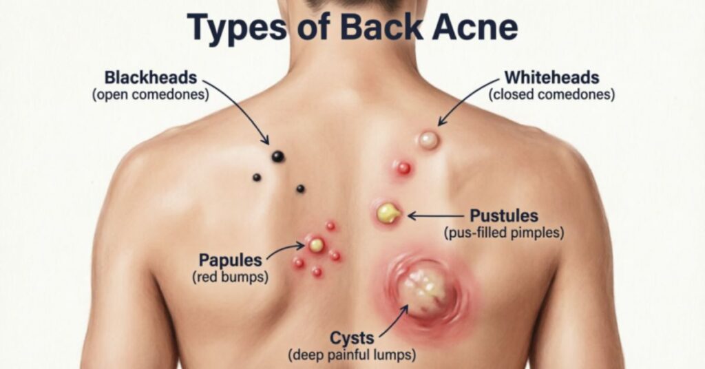 Back Acne Causes: Complete Guide to Clear Skin types of back acne including blackheads whiteheads pustules and cysts