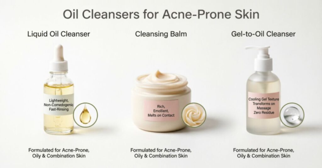 Oil Cleanser for Acne Prone Skin – Complete Guide types of oil cleanser for acne prone skin including liquid balm and gel to oil with comparison