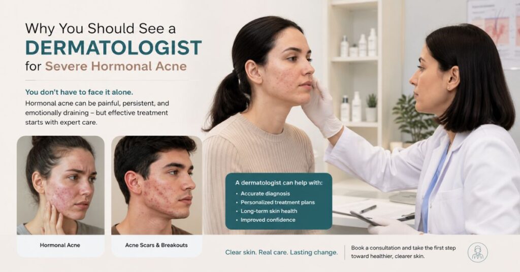 “Dermatology-style visual showing when to visit a dermatologist for acne including painful breakouts, acne scars, severe acne, failed home treatments, and emotional stress.”