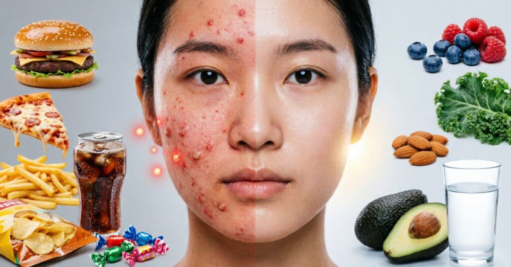 Split-face skincare concept showing acne-prone skin linked with unhealthy foods like fast food, sugar, and dairy on one side, and clear glowing skin with healthy fruits, vegetables, and water on the other side explaining how food causes acne breakouts.