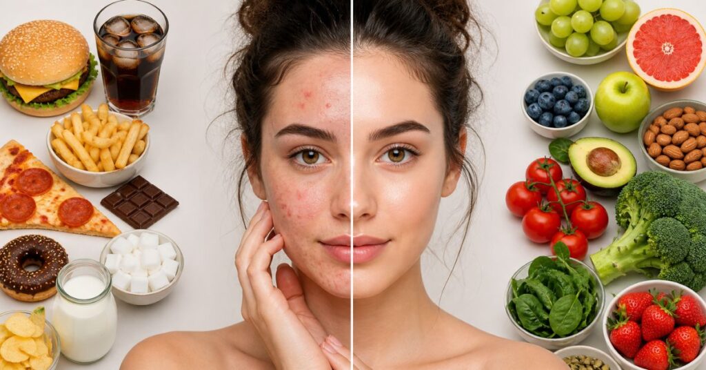 Featured image showing what food causes acne breakouts with unhealthy vs healthy food and acne skin comparison